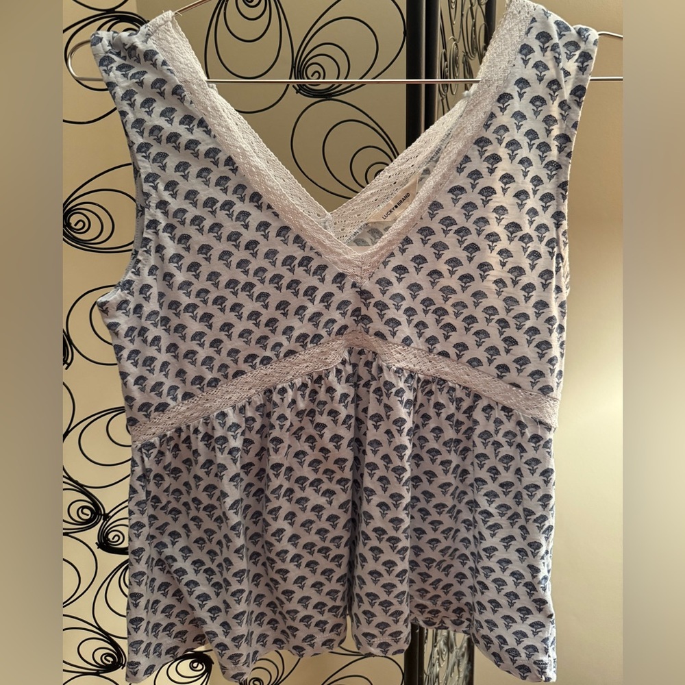 Lucky Brand Blue White Print Tank Top with Lace Detail S